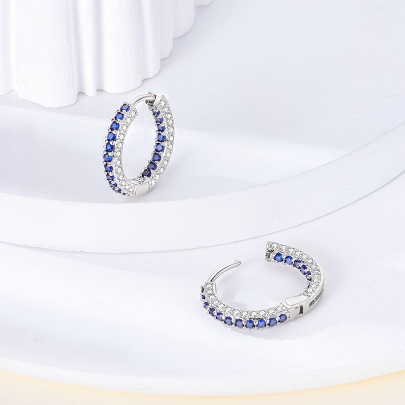 Women's 925 Silver Sparkling Blue Zirconia Three-Row Pave Stud Earrings